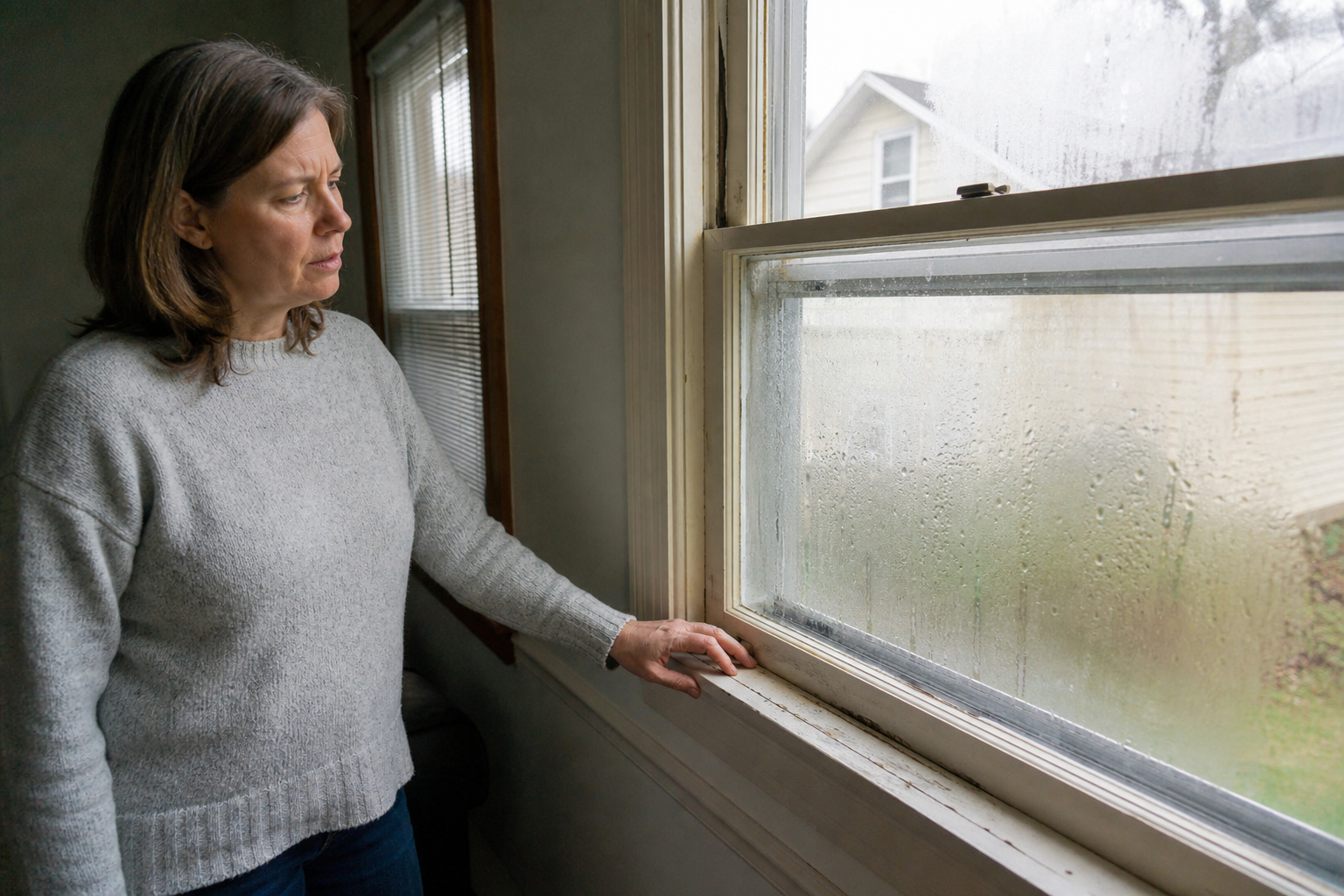 Homeowner inspecting an older window with condensation on the glass