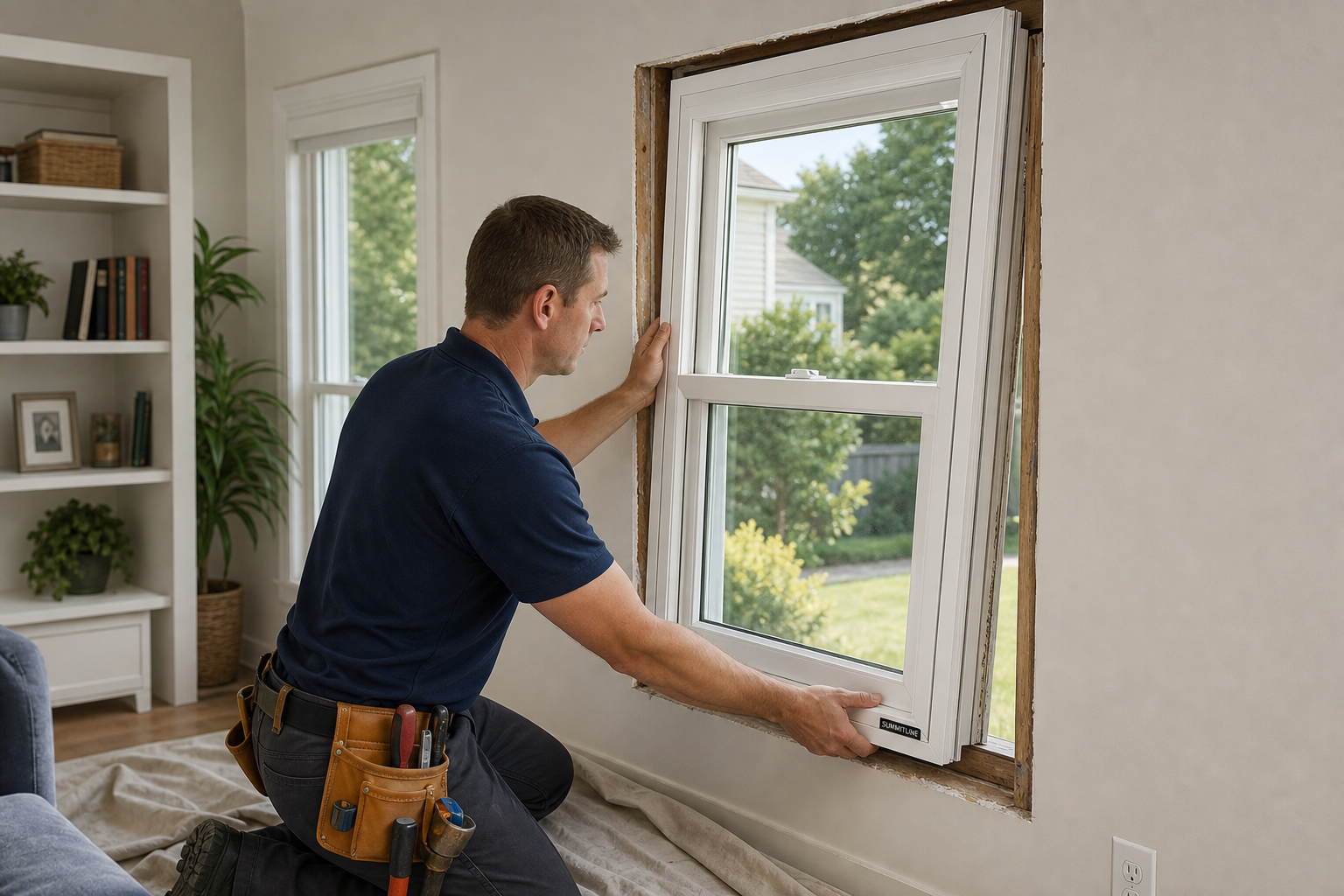 Installer fitting a Summitline replacement window into a home opening